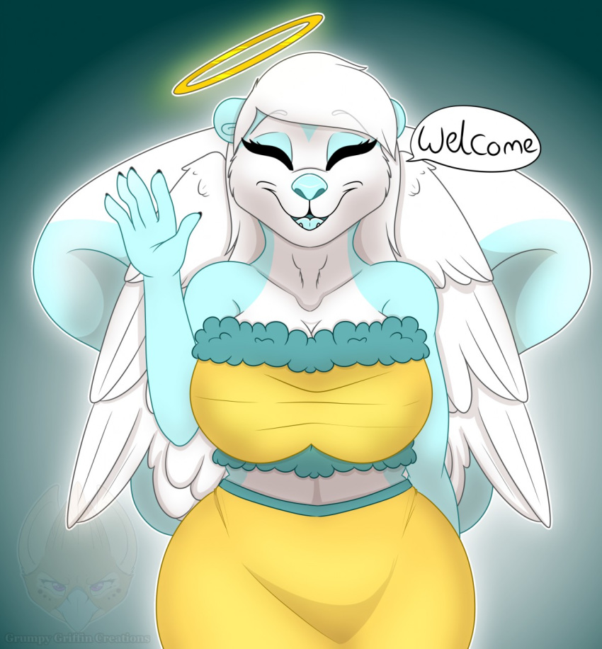 2020 angel anthro big_breasts breasts cleavage clothed clothing dialogue digital_media_(artwork) english_text eyes_closed feathered_wings feathers female fingers front_view fur grumpy_griffin_creations hair halo happy hi_res kind looking_at_viewer mammal mephitid open_mouth simple_background skunk smile solo standing text tongue welcoming white_body white_fur wings