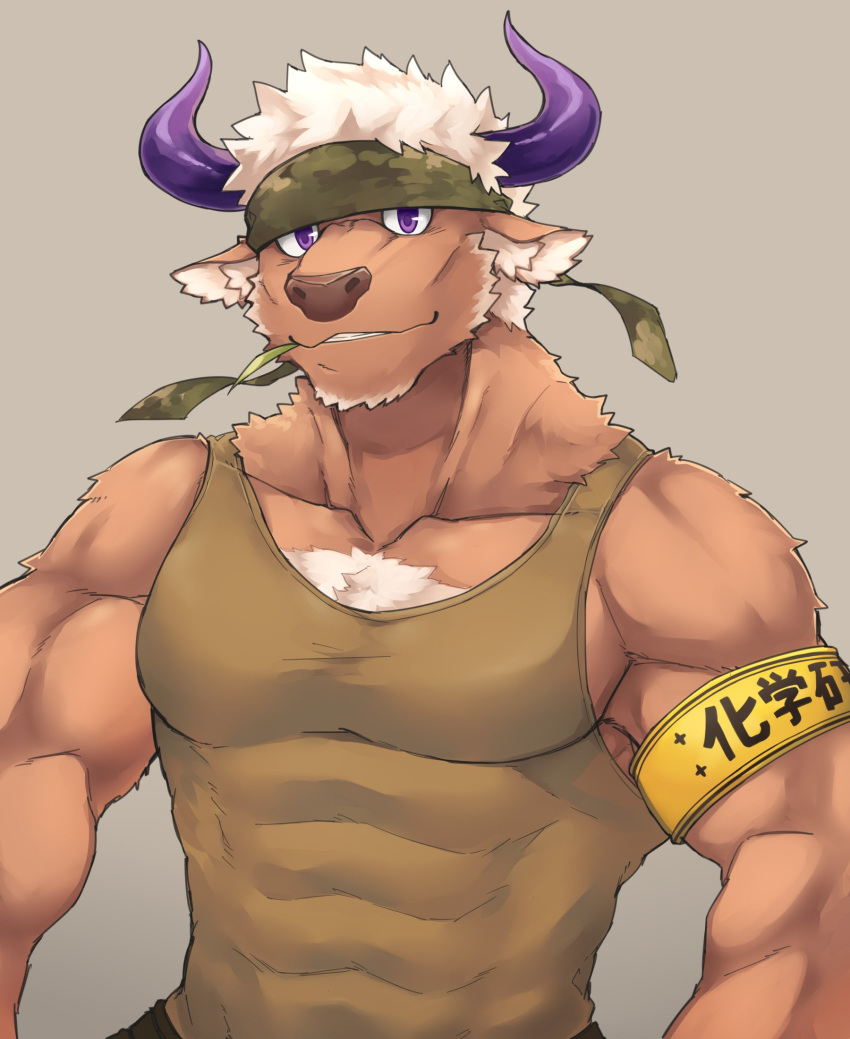 2019 accessory anthro armband body_hair bovid bovine camo camo_print cattle chest_hair clothed clothing fur hair headband hi_res horn kenjilokung male mammal muscular muscular_male purple_eyes shennong shirt simple_background solo tank_top teeth tokyo_afterschool_summoners topwear video_games white_hair