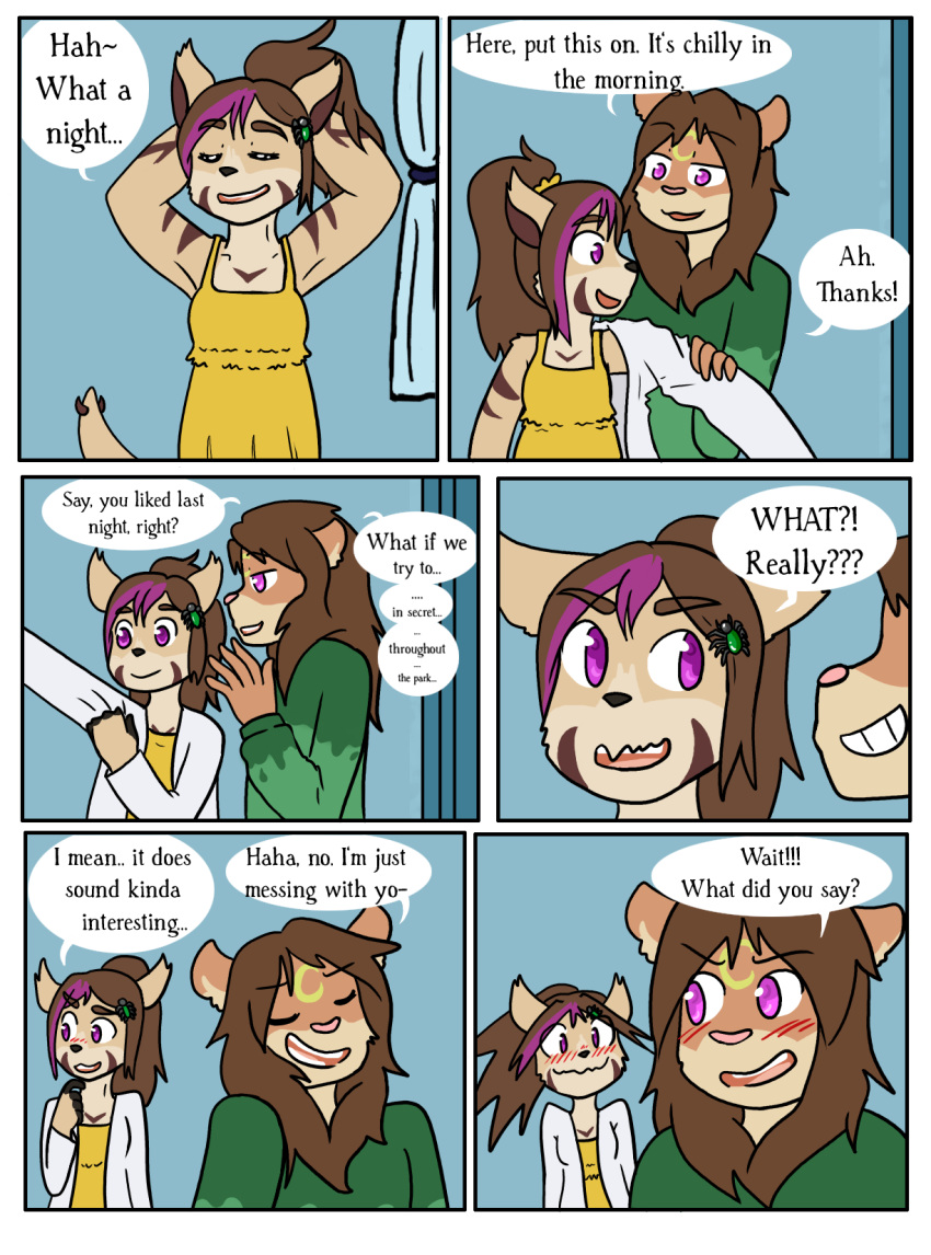 age_difference anthro blush breasts brown_body brown_fur brown_hair clothed clothing comic dialogue dressing english_text felid female fiona_(artist) fur hair hi_res lion male mammal pantherine purple_eyes text