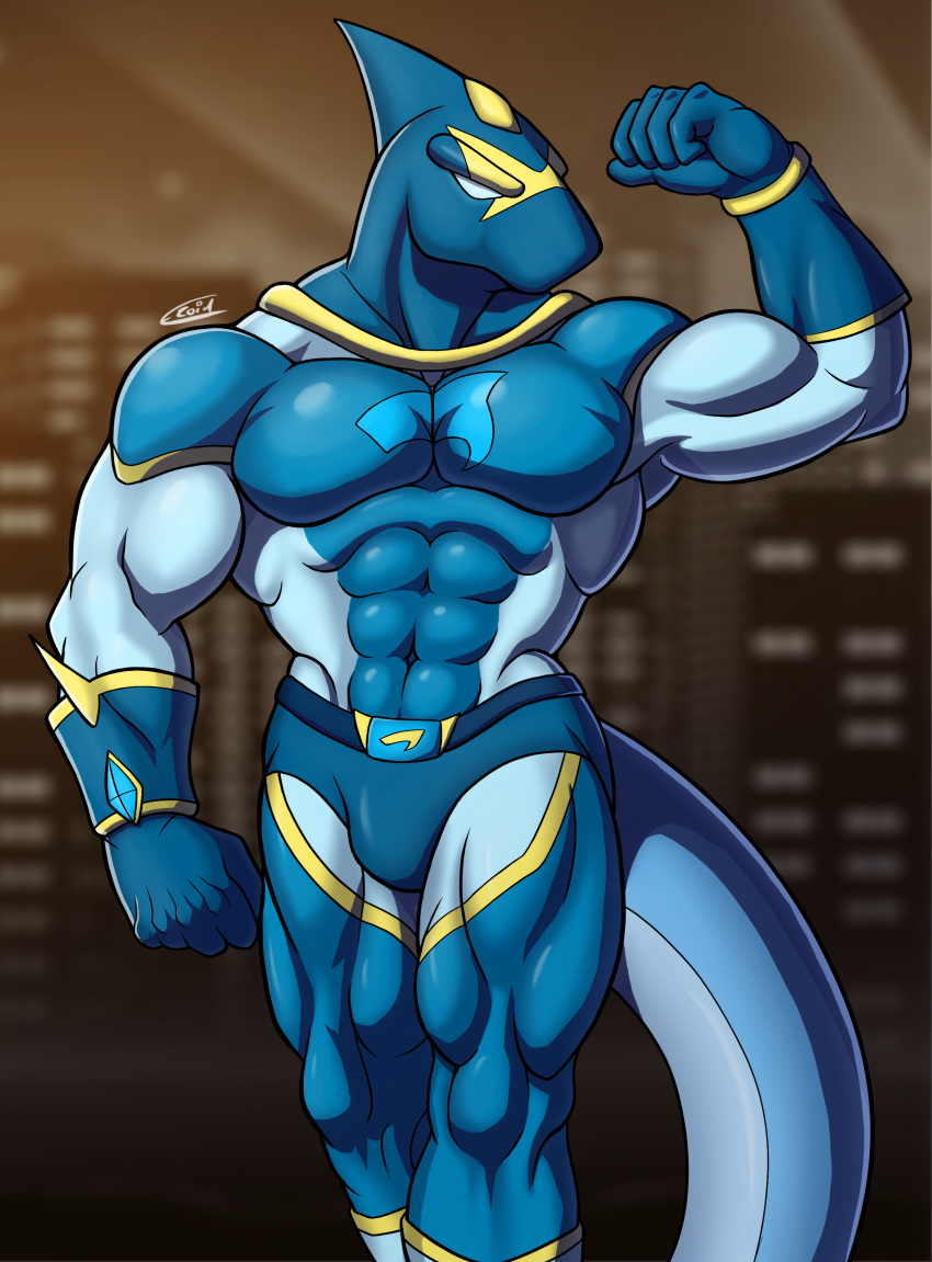 2020 abs absurd_res anthro biceps big_pecs blue_body bottomwear bulge clothing e-zoid empty_eyes fin fish flexing gloves handwear hi_res istume male marine mask muscular muscular_male pecs shark solo spandex standing steel_shark suit superhero tight_clothing