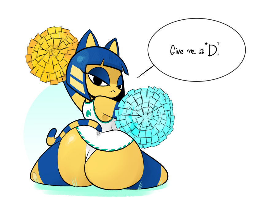 animal_crossing ankha_(animal_crossing) anthro big_butt bottomwear butt cheerleader clothing domestic_cat felid feline felis flexible hi_res looking_back mammal miniskirt nintendo ota_(artist) rear_view skirt splits spread_legs spreading video_games wide_hips