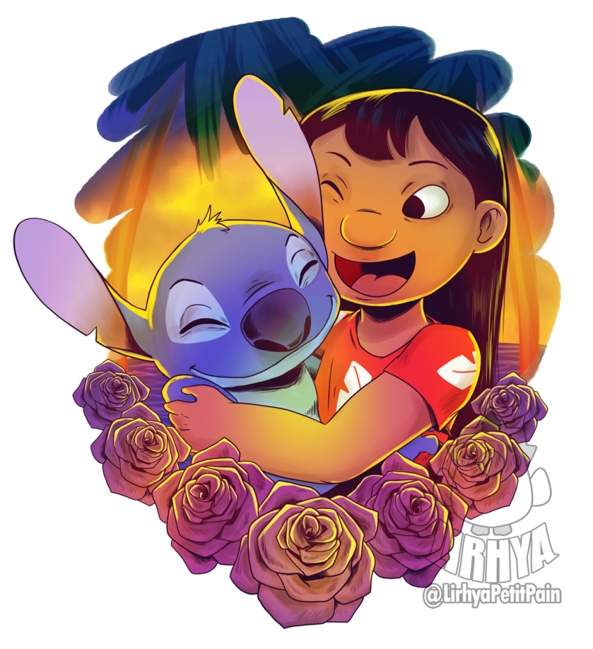 2020 alien black_hair blue_body blue_fur blue_nose child clothed clothing digital_drawing_(artwork) digital_media_(artwork) disney duo experiment_(lilo_and_stitch) eyes_closed flower fur hair head_tuft hi_res hug human lilo_and_stitch lilo_pelekai lirhya long_hair mammal muumuu notched_ear one_eye_closed open_mouth open_smile plant rose_(flower) smile stitch_(lilo_and_stitch) tuft watermark young