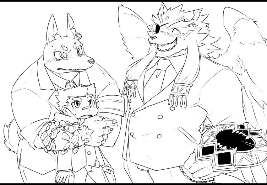 bandaid_protagonist_(tas) black_bars blush bodily_fluids canid canine canis clawlion clothing dobermann domestic_dog felid hug human letterbox male mammal pantherine pinscher suit tears tezcatlipoca tokyo_afterschool_summoners video_games wings xolotl