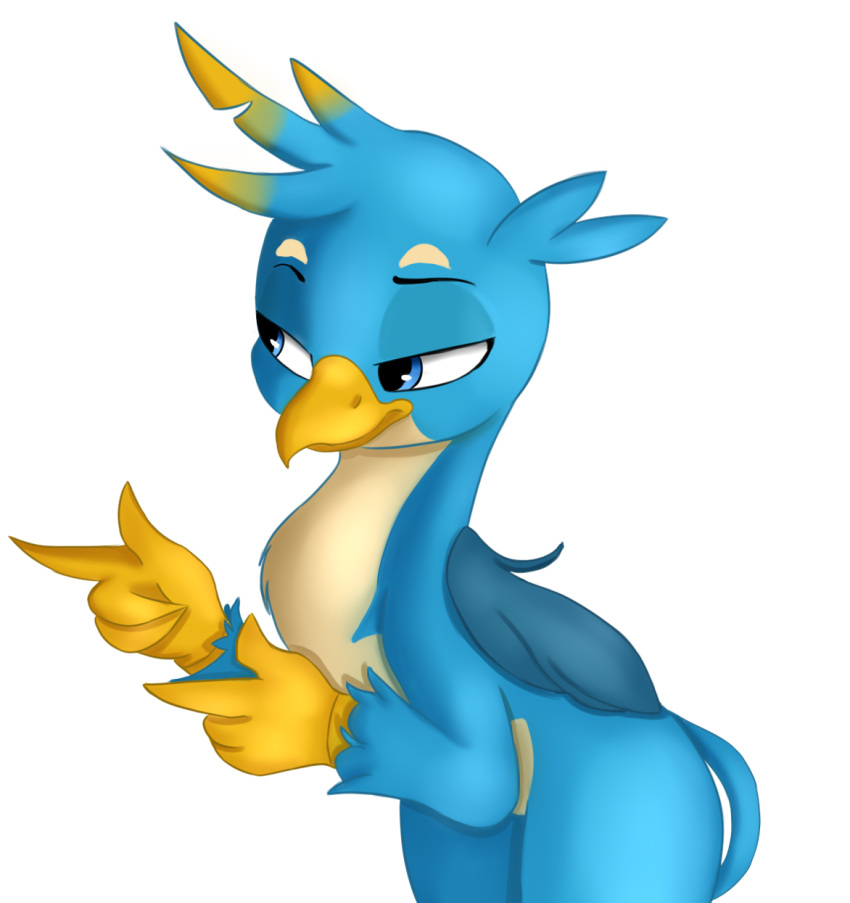 avian edit finger_gun gallus_(mlp) gesture gryphon hi_res jbond lidded_eyes male painting pointing smile smug solo