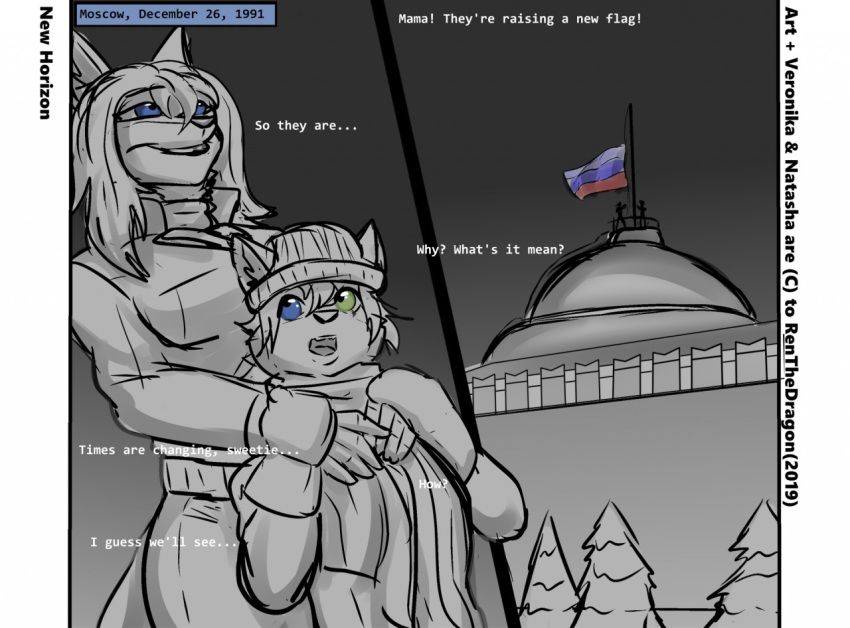 2020 ambiguous_gender anthro beanie blue_eyes canid canine clothing conditional_dnp dialogue duo english_text female flag furgonomics gloves green_eyes handwear hat headgear headwear heterochromia mammal mother mother_and_child mother_and_son open_mouth parent parent_and_child renthedragon russia russian_flag scarf son text veronika_novikova_(renthedragon)