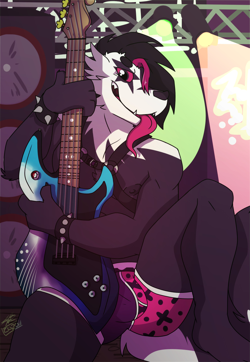 2020 absurd_res anthro bass_guitar bdsm black_body black_fur bottomwear bulge claws clothed clothing davie_(fuze) digital_media_(artwork) fur galarian_linoone guitar hair harness hi_res leather linoone looking_at_viewer male mammal musical_instrument nintendo nipples open_mouth plucked_string_instrument pok&eacute;mon pok&eacute;mon_(species) regional_variant sharp_teeth smile solo speaker stage string_instrument sylvanedadeer teeth tongue tongue_out underwear video_games white_body white_fur