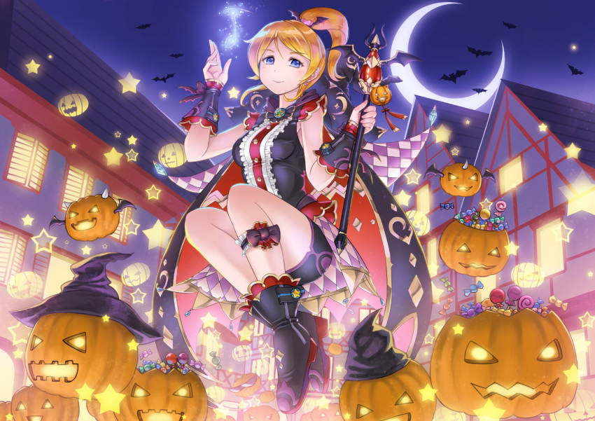 1girl ayase_eli bangs black_shirt black_skirt blonde_hair blue_eyes blue_sky breasts closed_mouth crazypen crescent_moon dress_shirt earrings eyebrows_visible_through_hair full_body hair_ornament halloween halloween_costume heart heart_hair_ornament high_ponytail holding holding_staff jewelry long_hair looking_at_viewer love_live! love_live!_school_idol_project medium_breasts miniskirt moon night night_sky outdoors pencil_skirt pumpkin shirt skirt sky sleeveless sleeveless_shirt smile solo staff swept_bangs trick_or_treat