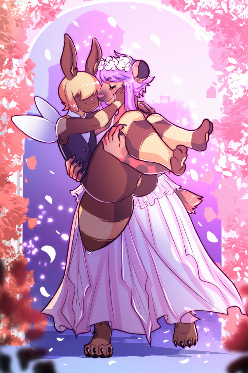 2020 5_fingers absurd_res anthro archway arthropod barefoot bee big_butt black_tie_(suit) blush bottomless bridal_style bride bumblebun_(species) bunny_ears_(disambiguation) butt canid canine caressing carrying clothed clothing complicated_background cuddling digital_media_(artwork) dress duo erwindraws eyebrows eyelashes eyes_closed female fingers flower flower_crown flower_petals fully_clothed fur groom hair hair_over_eyes hi_res hyaenid hybrid hymenopteran insect insect_wings jeez_the_bumblebun kiera_southpaw lagomorph leporid light lighting male mammal paws petals pink_hair pink_nose plant romantic_ambiance rose_(flower) rose_petals shadow size_difference slightly_chubby smile spots spotted_body spotted_fur spotted_hyena standing striped_body striped_fur stripes suit thick_thighs toes topwear vest wedding wedding_dress wings