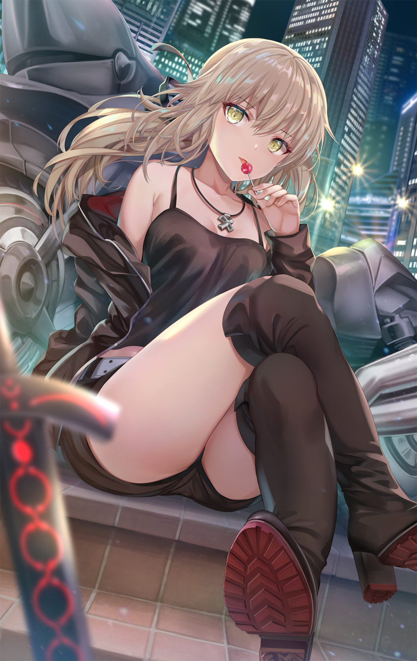1girl artoria_pendragon_(all) bangs bare_shoulders belt black_camisole black_jacket black_ribbon black_shorts blonde_hair boots breasts candy cityscape collarbone cross cross_necklace crossed_legs dark_excalibur fate/grand_order fate/stay_night fate_(series) food ground_vehicle hair_between_eyes hair_ribbon highres jacket jet_black_king_of_knights_ver._shinjuku_1999 jewelry knee_boots licking lollipop long_hair long_sleeves looking_at_viewer low_ponytail motor_vehicle motorcycle necklace night night_sky off_shoulder open_clothes open_jacket ribbon saber_alter short_shorts shorts sidelocks sitting sky small_breasts solo sword thighs tongue tongue_out torino_akua weapon white_belt yellow_eyes