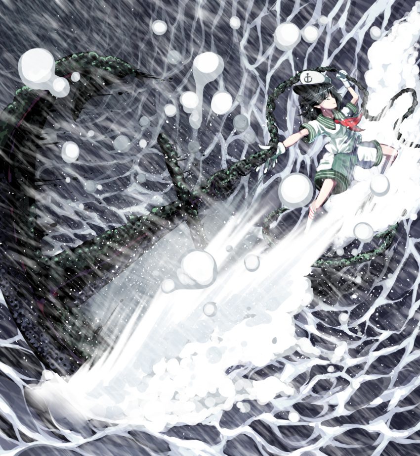 1girl anchor ascot attack black_hair chain full_body gloves hat highres holding medium_hair murasa_minamitsu outdoors outstretched_arm sailor sailor_hat shirt shorts smile solo spell_card splashing sunyup touhou water