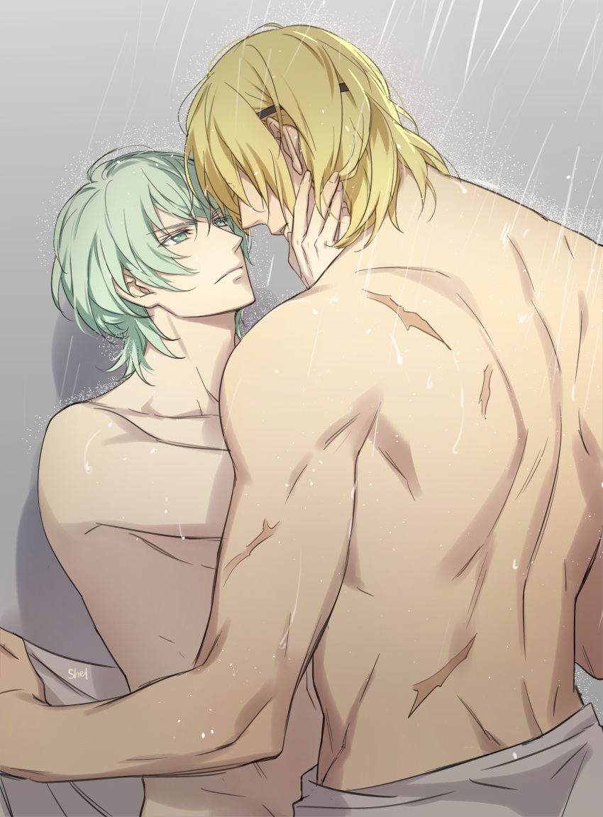 2boys absurdres blonde_hair byleth_(fire_emblem) byleth_(fire_emblem)_(male) dimitri_alexandre_blaiddyd eye_contact fire_emblem fire_emblem:_three_houses green_eyes green_hair height_difference highres looking_at_another male_focus multiple_boys naked_towel nude scar shower_(place) showering towel wet wet_hair white_towel yaoi zehel_az