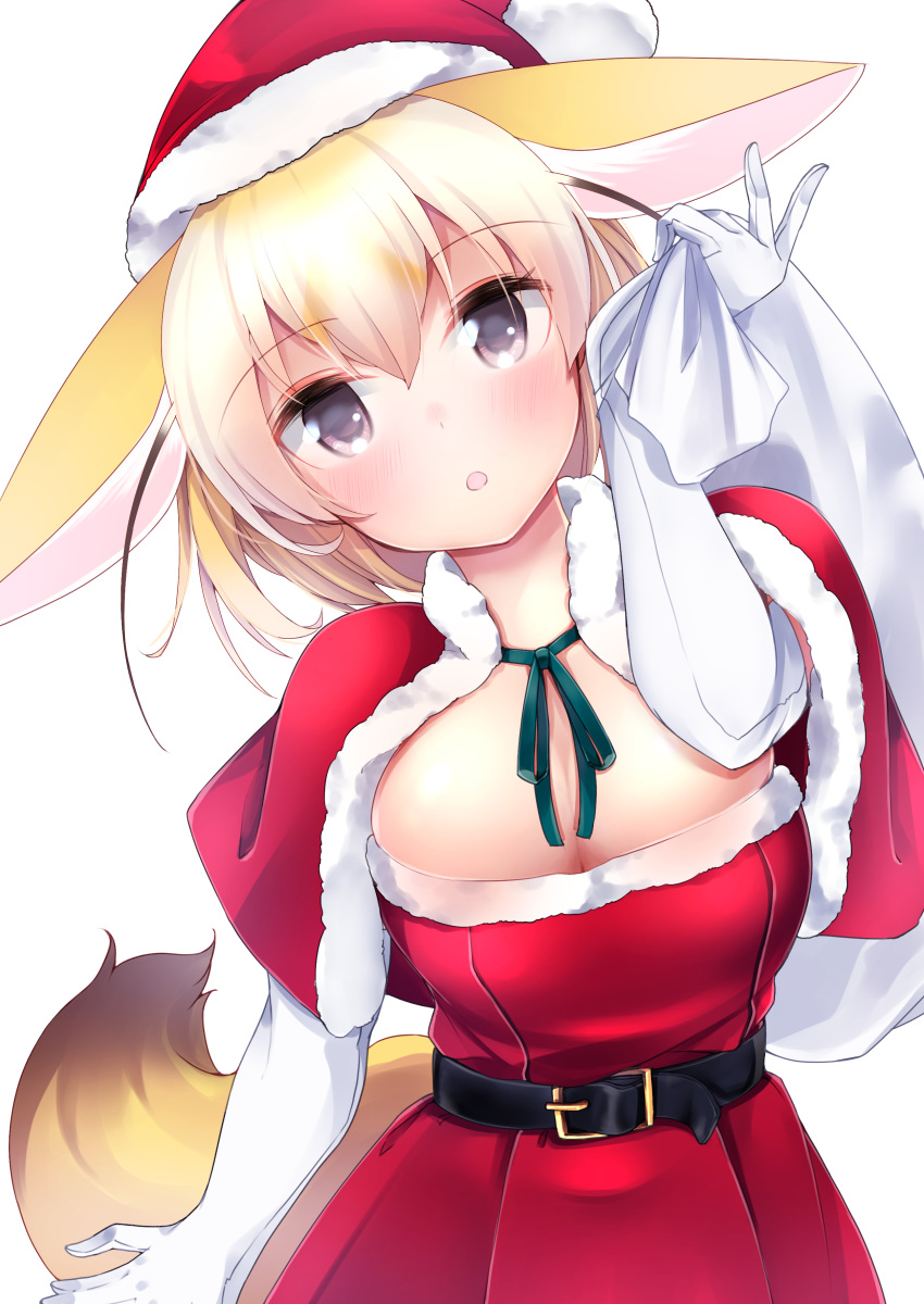 1girl absurdres animal_ears belt blonde_hair blush breasts capelet christmas cleavage cowboy_shot dress elbow_gloves fennec_(kemono_friends) gloves grey_eyes hat head_tilt highres huge_breasts kemono_friends kinou_no_shika looking_at_viewer red_capelet red_dress red_headwear sack santa_costume santa_hat simple_background solo tail white_background white_gloves