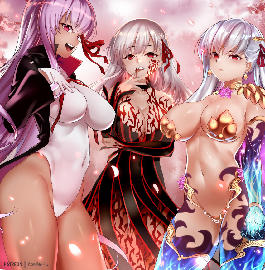 3girls armlet armor bangs bare_shoulders bb_(fate)_(all) bb_(fate/extra_ccc) bikini_armor black_coat black_dress blood blood_on_face blush body_markings bracelet breasts cherry_blossoms cleavage closed_mouth collar corruption covered_navel dark_persona dark_sakura dress earrings fate/extra fate/extra_ccc fate/grand_order fate/stay_night fate_(series) flower gloves hair_ribbon hand_on_own_chest heaven's_feel highleg highleg_leotard highres holding jewelry kama_(fate/grand_order) large_breasts leotard long_hair long_sleeves looking_at_viewer lotus matou_sakura metal_collar multiple_girls navel neck_ribbon open_mouth parted_lips petals purple_hair red_ribbon ribbon silver_hair sleeveless sleeveless_dress smile sparkle tan thighlet thighs very_long_hair white_gloves white_hair white_leotard zasshu