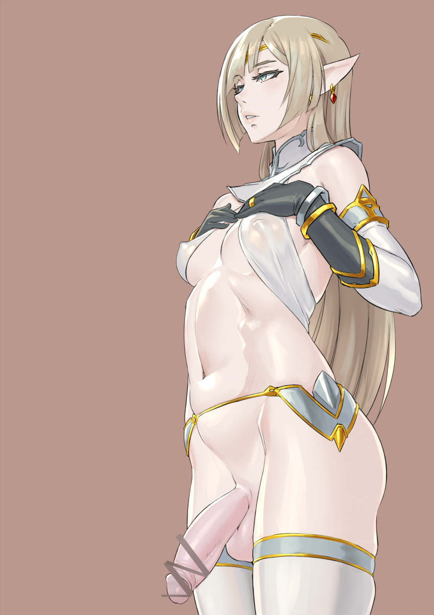 1girl aqua_eyes black_gloves blonde_hair blush bottomless bracelet breasts brown_background bulge censored covered_nipples detached_sleeves earrings elf fanbox_reward flaccid futanari gloves highres jewelry long_hair medium_breasts mikoyan navel original paid_reward parted_lips penis pointy_ears revealing_clothes simple_background solo testicles thighhighs white_background