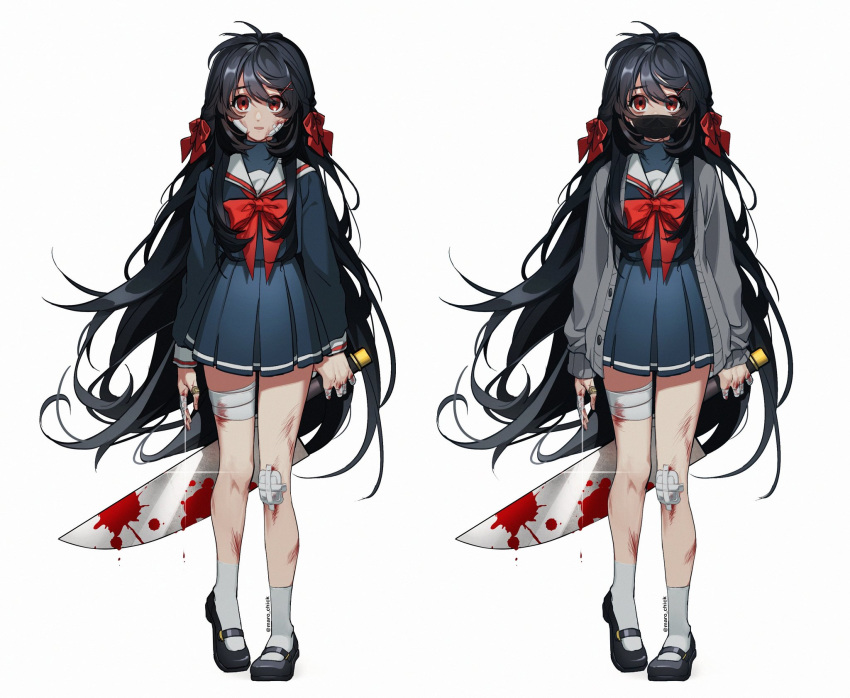 1girl artist_name bandaged_leg bandages bandaid bandaid_on_face bandaid_on_finger bandaid_on_knee bangs black_footwear black_hair black_mask_(clothing) blood blood_on_face blood_on_leg bloody_hands bloody_weapon blue_skirt bow bowtie brown_eyes cardigan collar commentary_request copyright_request face_mask facing_viewer full_body grey_cardigan grey_legwear hair_between_eyes hair_ornament highres holding holding_knife holding_weapon hurt knife korean_commentary long_hair long_sleeves looking_at_viewer maro_(lij512) mask open_mouth red_bow red_neckwear school_uniform serafuku shoes simple_background skirt smile socks sparkle standing surgical_mask twitter_username uniform variations very_long_hair weapon white_background