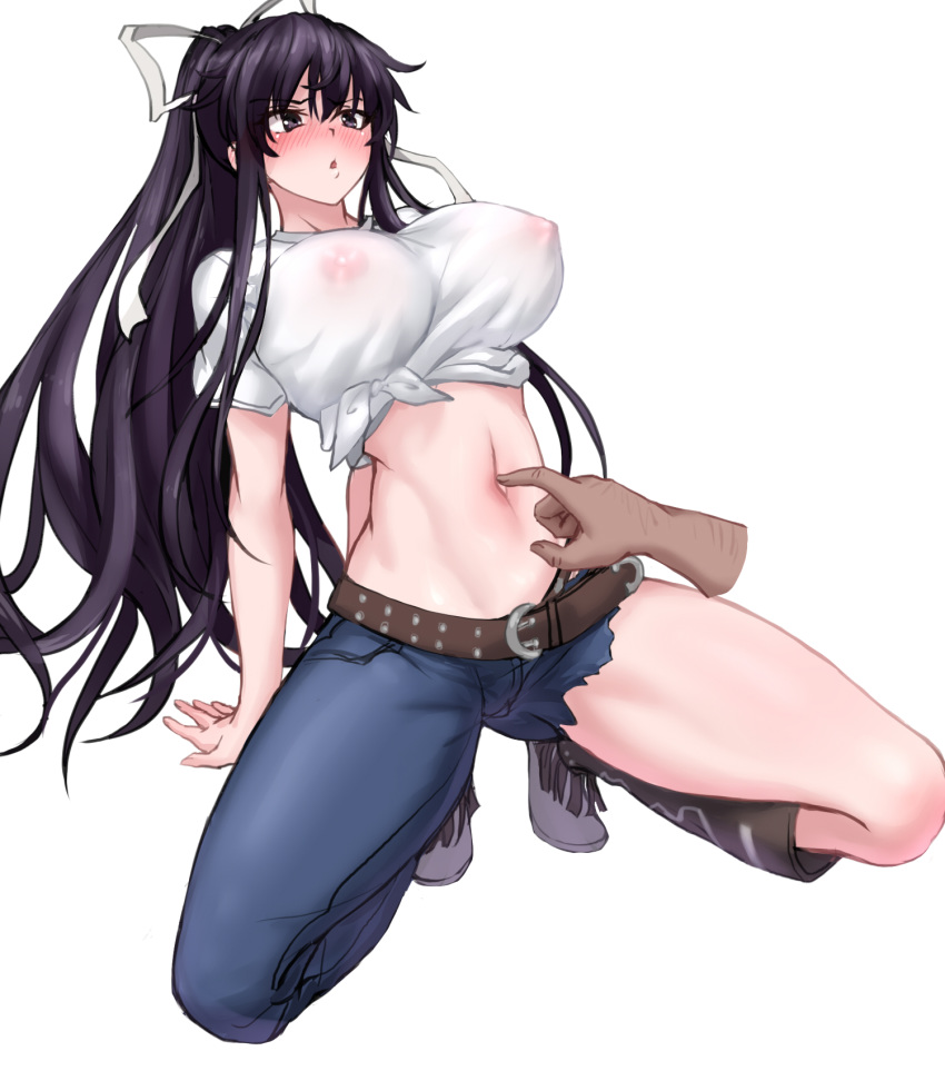 1girl arms_behind_back asymmetrical_clothes bandages belly_poke black_eyes black_hair blush breasts commentary_request covered_nipples cutoffs denim finger_in_navel floating_hand full_body hair_ribbon highres jeans kanzaki_kaori large_breasts midriff navel pants ponytail ribbon shirt short_sleeves sidelocks simple_background solo spread_legs squatting tied_shirt to_aru_majutsu_no_index white_background white_shirt yeklsa