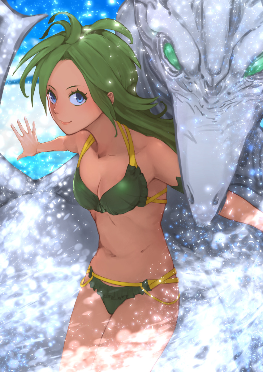 1girl blue_eyes breasts chienon cleavage closed_mouth commentary_request dragon final_fantasy final_fantasy_iv green_eyes green_hair highres long_hair looking_at_viewer mist_dragon navel no_pupils older rydia smile swimsuit water