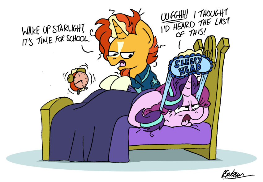 2020 alarm_clock awake bed blindfold bobthedalek clock dialogue english_text equid female feral friendship_is_magic furniture hair hi_res horn male mammal mask messy_hair my_little_pony quadruped sleep_mask starlight_glimmer_(mlp) sunburst_(mlp) text unicorn