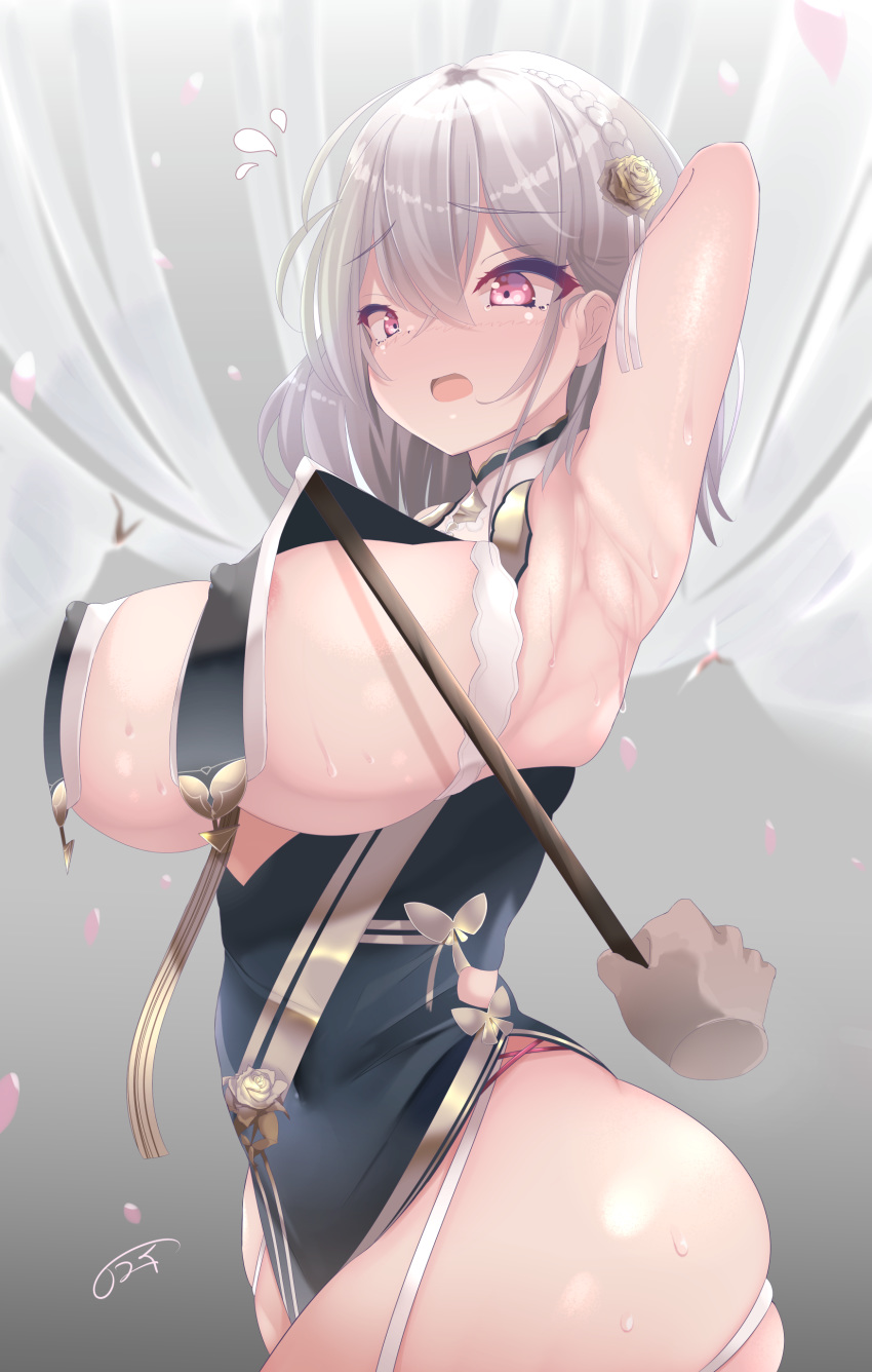 1girl absurdres areola_slip areolae arm_behind_head arm_up armpits azur_lane bangs bare_shoulders blush braid breast_curtains breasts china_dress chinese_clothes cleavage clothes_lift covered_navel covered_nipples disembodied_hands dress flower flying_sweatdrops garter_straps gradient gradient_background grey_background grey_dress hair_between_eyes hair_flower hair_ornament highres large_breasts looking_at_viewer neckwear_between_breasts open_mouth pelvic_curtain red_eyes revealing_clothes short_hair side_braid side_slit sirius_(azur_lane) sirius_(azure_horizons)_(azur_lane) skindentation solo_focus stick wazdori white_hair
