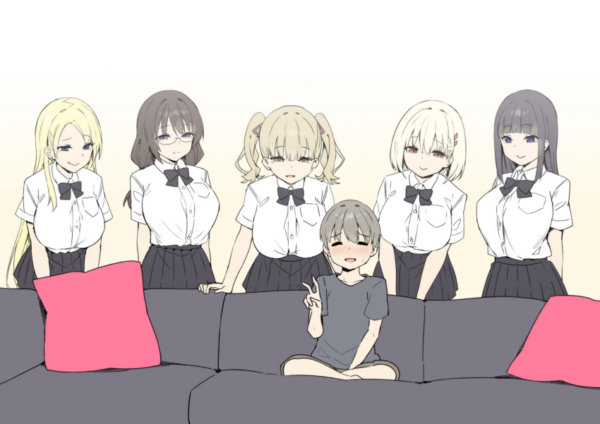 1boy 5girls :&gt; :q =_= age_difference bangs black_hair black_neckwear black_skirt blonde_hair blue_eyes bow bowtie breasts brown_eyes commentary couch dress_shirt eyebrows_visible_through_hair facing_viewer glasses green_eyes grey_hair hair_between_eyes hair_ornament hairclip highres large_breasts leaning_forward long_hair looking_at_another meme multiple_girls original parody parted_lips pillow piper_perri_surrounded pleated_skirt purple_eyes shirt short_hair short_sleeves sitting skirt sky_(freedom) smile tented_shirt tongue tongue_out twintails v very_long_hair white_shirt you_gonna_get_raped