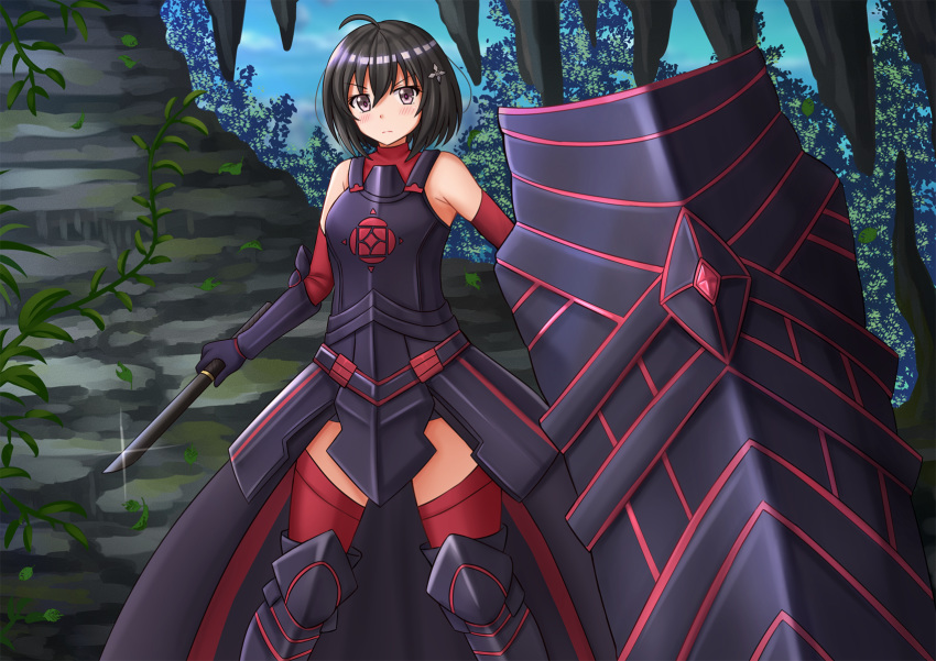 1girl ahoge armor armored_dress bangs bare_shoulders black_dress black_gloves black_hair blush brown_eyes closed_mouth commentary day detached_sleeves dress eyebrows_visible_through_hair gloves hair_between_eyes hair_ornament highres holding holding_sword holding_weapon itai_no_wa_iya_nano_de_bougyoryoku_ni_kyokufuri_shitai_to_omoimasu kazenokaze looking_at_viewer maple_(itai_no_wa_iya_nano_de_bougyoryoku_ni_kyokufuri_shitai_to_omoimasu) outdoors red_legwear red_sleeves shield short_hair short_sword sleeveless sleeveless_dress solo standing sword thighhighs v-shaped_eyebrows weapon