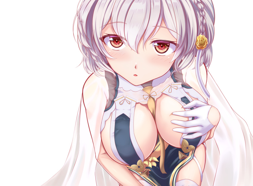 1girl azur_lane blush braid breast_curtains breasts china_dress chinese_clothes chinese_commentary cleavage commentary_request dress flower gloves hair_flower hair_ornament hand_on_own_chest highres looking_at_viewer neckwear_between_breasts partial_commentary pelvic_curtain red_eyes revealing_clothes short_hair single_braid sirius_(azur_lane) sirius_(azure_horizons)_(azur_lane) solo thighhighs toid310 white_gloves white_hair white_legwear