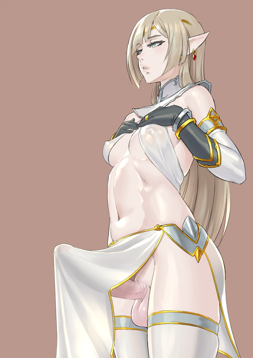 1girl aqua_eyes black_gloves blonde_hair blush bracelet breasts brown_background bulge covered_nipples detached_sleeves earrings elf erection erection_under_clothes fanbox_reward futanari gloves highres jewelry long_hair medium_breasts mikoyan navel original paid_reward parted_lips pointy_ears revealing_clothes simple_background solo testicles thighhighs white_background