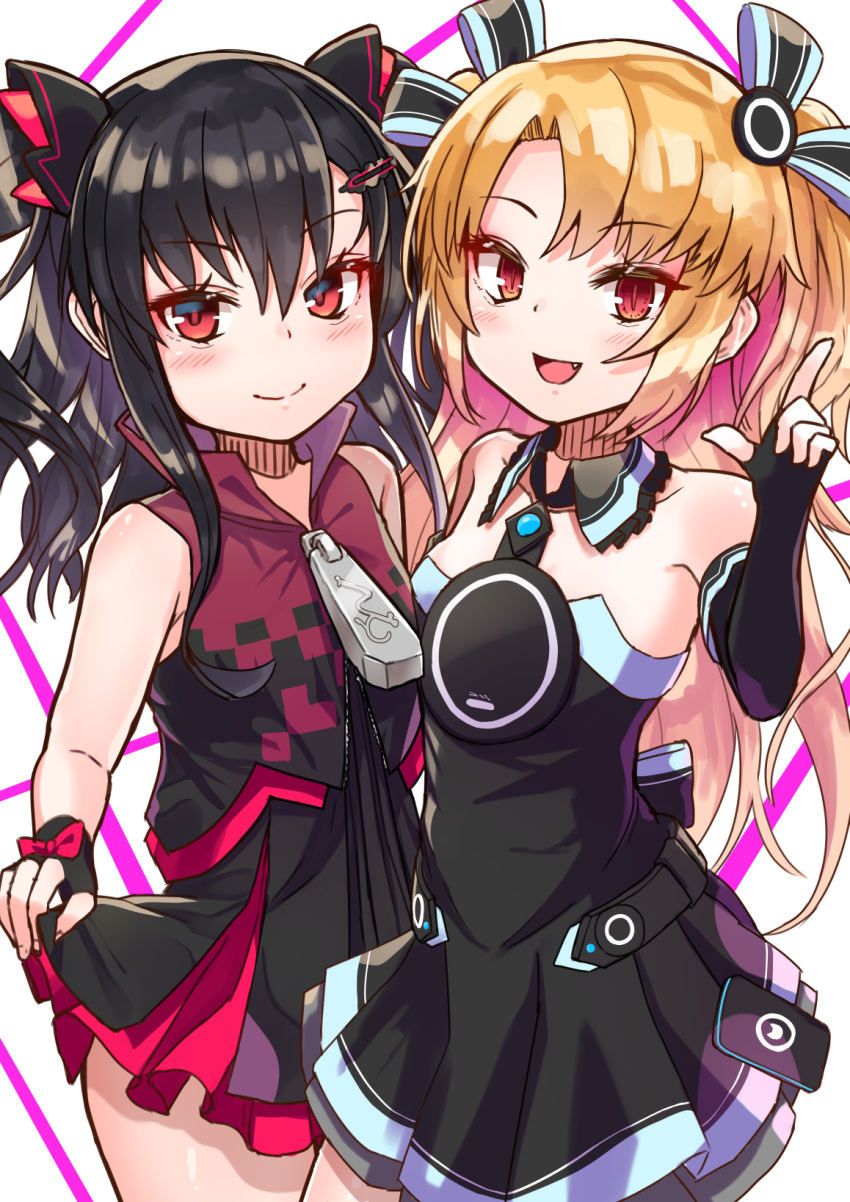 2girls :d akatsuki_uni akatsuki_uni_(cosplay) bangs bare_shoulders black_collar black_dress black_gloves black_hair blonde_hair blush bow breasts choujigen_game_neptune_mk2 closed_mouth collar collarbone commentary_request cosplay costume_switch crossover detached_collar dress elbow_gloves eyebrows_visible_through_hair fang fingerless_gloves frilled_shirt_collar frills gloves hair_between_eyes hair_ornament hairclip hand_up highres long_hair looking_at_viewer multiple_girls namesake neptune_(series) open_mouth parted_bangs pleated_dress red_bow red_eyes sleeveless sleeveless_dress small_breasts smile strapless strapless_dress templus two_side_up uni_(neptune_series) uni_(neptune_series)_(cosplay) uni_channel very_long_hair virtual_youtuber wing_collar