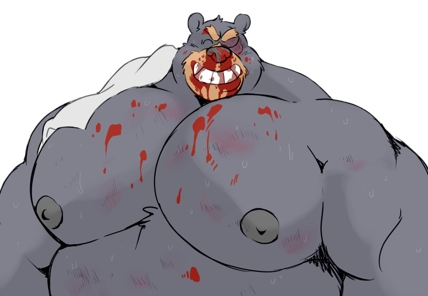 anthro big_muscles black_body black_fur black_nipples black_nose blood bodily_fluids eyebrows eyes_closed fur hi_res huge_muscles male mammal megawaffle_(artist) muscular muscular_male nipples pecs simple_background smile solo sweat thick_eyebrows towel_on_shoulder ursid waffle_(megawaffle) white_background