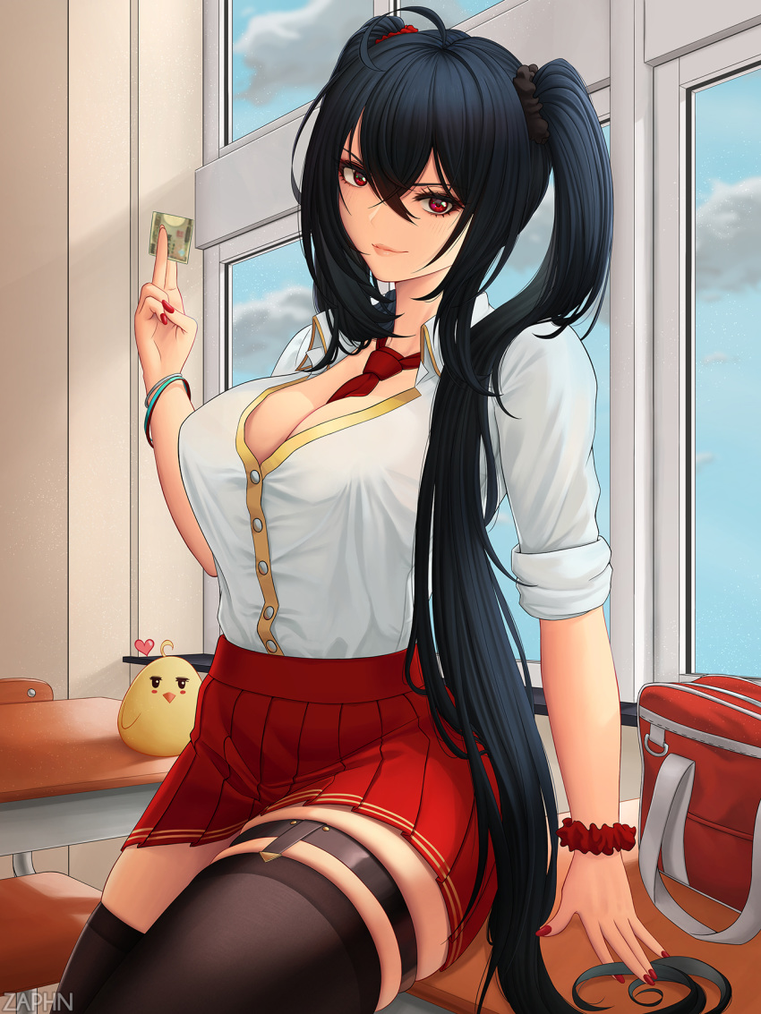 1girl ahoge azur_lane bag bangs between_breasts black_hair black_legwear breasts buttons cleavage crossed_bangs desk english_commentary hair_between_eyes hair_ornament hair_scrunchie highres indoors long_hair looking_at_viewer manjuu_(azur_lane) miniskirt money_hold nail_polish necktie necktie_between_breasts on_desk pleated_skirt red_eyes red_nails red_neckwear red_scrunchie red_skirt school_bag school_desk school_uniform scrunchie shirt short_sleeves sitting sitting_on_desk skindentation skirt smirk smug solo taihou_(azur_lane) thighhighs thighs twintails very_long_hair white_shirt window wrist_scrunchie zaphn