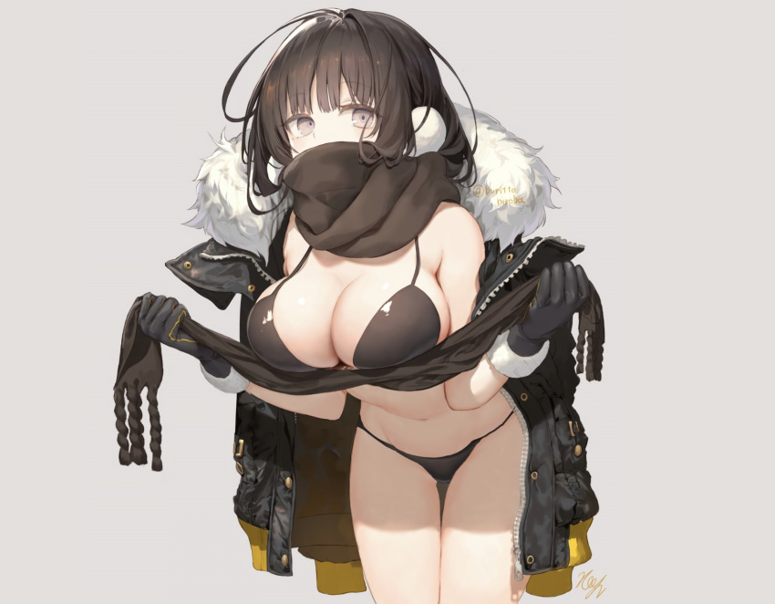 bikini black_hair breasts brown_eyes cleavage earmuffs gloves gray hoodie kouyafu original scarf signed swimsuit