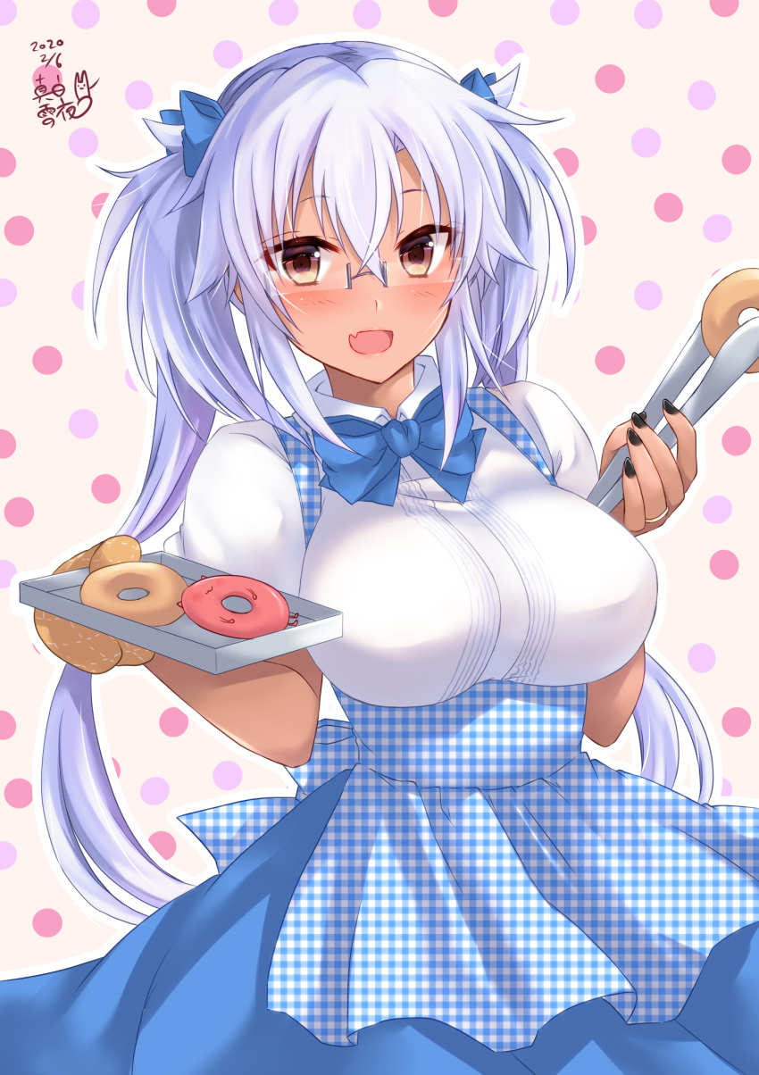 0yukiya0 1girl alternate_costume arms_up black_nails blue_neckwear blue_skirt blush bow bowtie breasts commentary_request contrapposto cowboy_shot dated doughnut eyebrows_visible_through_hair fang fingernails food gingham_apron hair_between_eyes hair_ribbon highres holding holding_tray jewelry kantai_collection kobeya koubeya_uniform large_breasts light_blue_hair looking_at_viewer musashi_(kantai_collection) nail_polish open_mouth outline pink_background polka_dot polka_dot_background rectangular_eyewear ribbon rimless_eyewear ring shirt short_hair_with_long_locks short_sleeves signature skin_fang skirt solo standing tan tongs tray twintails wedding_band white_shirt