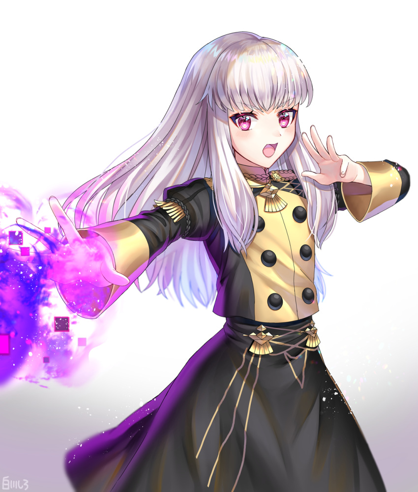 1girl fire_emblem fire_emblem:_three_houses garreg_mach_monastery_uniform highres long_hair long_sleeves lysithea_von_ordelia open_mouth pink_eyes shirotoge simple_background solo uniform white_hair