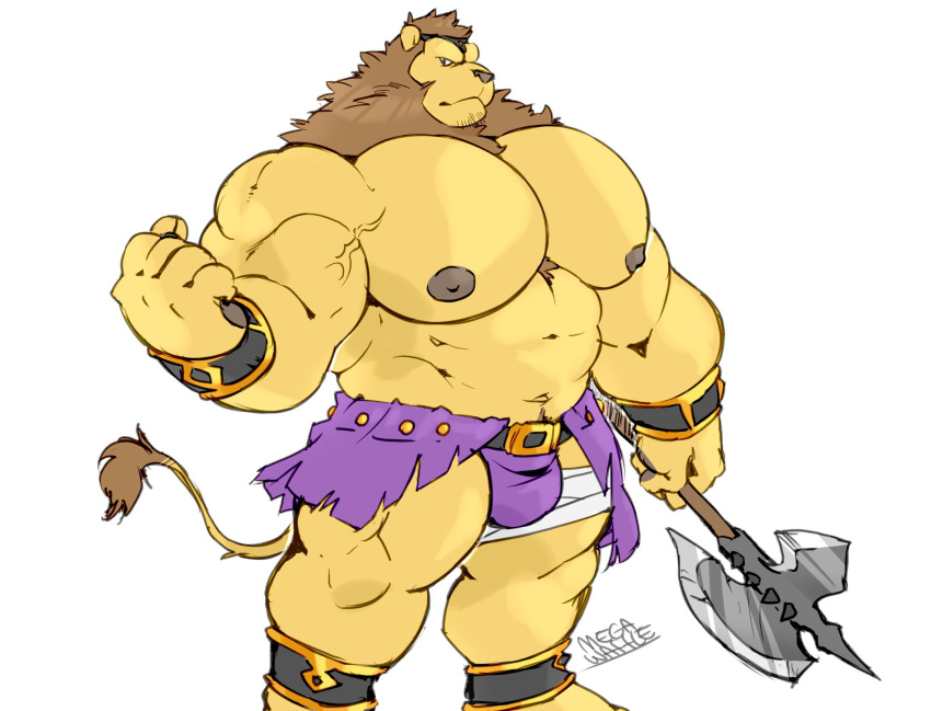 2019 5_fingers anthro axe belt biceps big_muscles black_nipples black_nose black_pawpads brown_hair bulge duke_(megawaffle) felid fingers fur hair hi_res huge_muscles lion looking_at_viewer male mammal megawaffle_(artist) melee_weapon muscular muscular_male nipples pantherine pawpads pecs plantigrade simple_background solo standing warrior weapon white_background wristband yellow_body yellow_fur