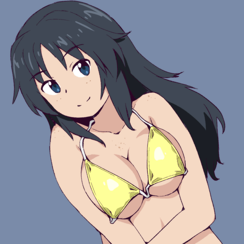 1girl bangs bikini blue_background blue_eyes blue_hair breasts cleavage commentary dutch_angle eyebrows_visible_through_hair freckles girls_und_panzer highres long_hair looking_at_viewer medium_breasts onsen_tamago_(hs_egg) open_mouth simple_background smile solo string_bikini swimsuit upper_body yamagou_ayumi yellow_bikini