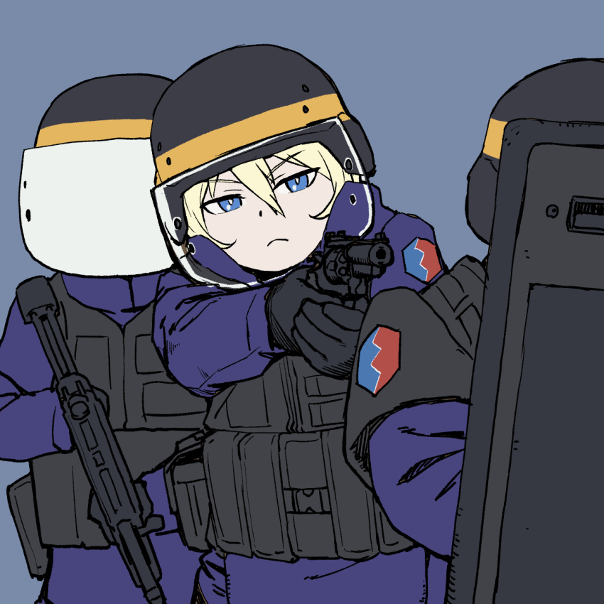 1girl bangs bc_freedom_(emblem) black_gloves black_headwear blonde_hair blue_background blue_eyes blue_jumpsuit body_armor bulletproof_vest closed_mouth commentary emblem frown girls_und_panzer gloves gun half-closed_eyes handgun helmet highres holding holding_gun holding_weapon long_sleeves looking_at_viewer onsen_tamago_(hs_egg) oshida_(girls_und_panzer) revolver riot_shield simple_background solo standing submachine_gun tactical_clothes weapon