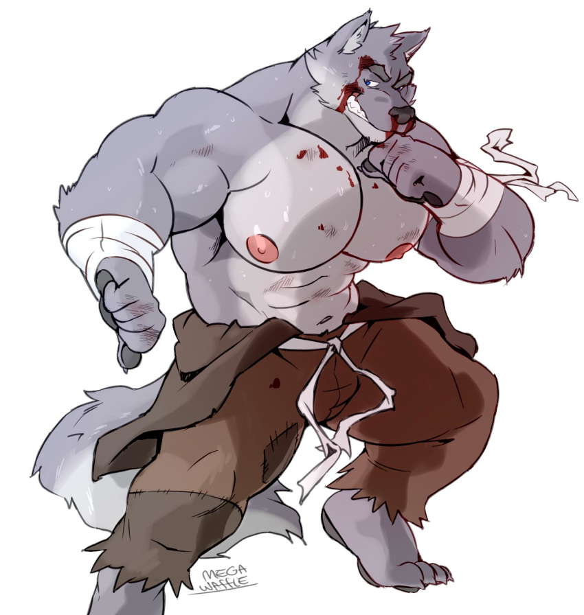 2019 anthro biceps big_muscles black_nose black_pawpads blood blue_eyes bodily_fluids bottomwear canid canine canis claws clothed clothing eyebrows fur grey_body grey_fur grin hi_res huge_muscles male mammal megawaffle_(artist) muscular muscular_male nipples pants pawpads pecs pink_nipples plantigrade simple_background smile solo thick_eyebrows topless white_background wolf wraps wrist_wraps