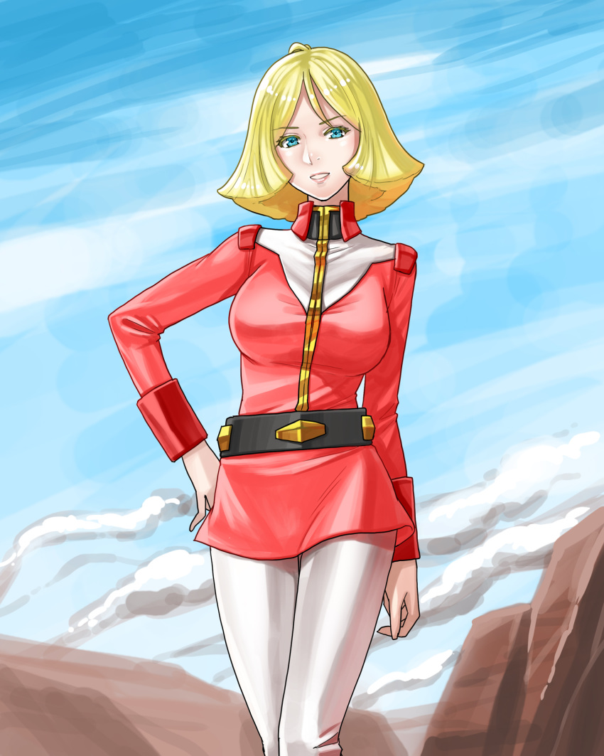 1girl blonde_hair blue_eyes breasts gundam highres looking_at_viewer military military_uniform nagikawa_min sayla_mass short_hair smile smoke solo uniform white_legwear