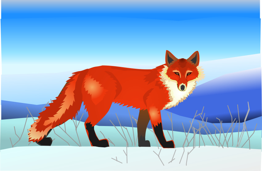 absurd_res artur_t._hara black_nose canid canine detailed_background digitigrade feral fox fur gloves_(marking) hi_res leg_markings looking_at_viewer mammal markings mountain nude quadruped red_body red_fur sky snow socks_(marking) solo superabsurd_res white_body white_fur yellow_eyes