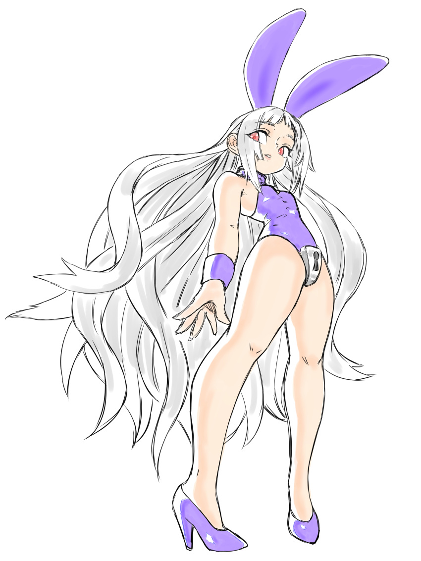 1girl absurdres animal_ears asimatosinosin bangs bare_legs breasts bunny_ears collar cuffs eyes_visible_through_hair fake_animal_ears full_body high_heels highres iron_maiden_jeanne keyhole leotard long_hair looking_at_viewer parted_lips purple_footwear purple_leotard red_eyes shaman_king sidelocks simple_background small_breasts solo standing very_long_hair white_background white_hair