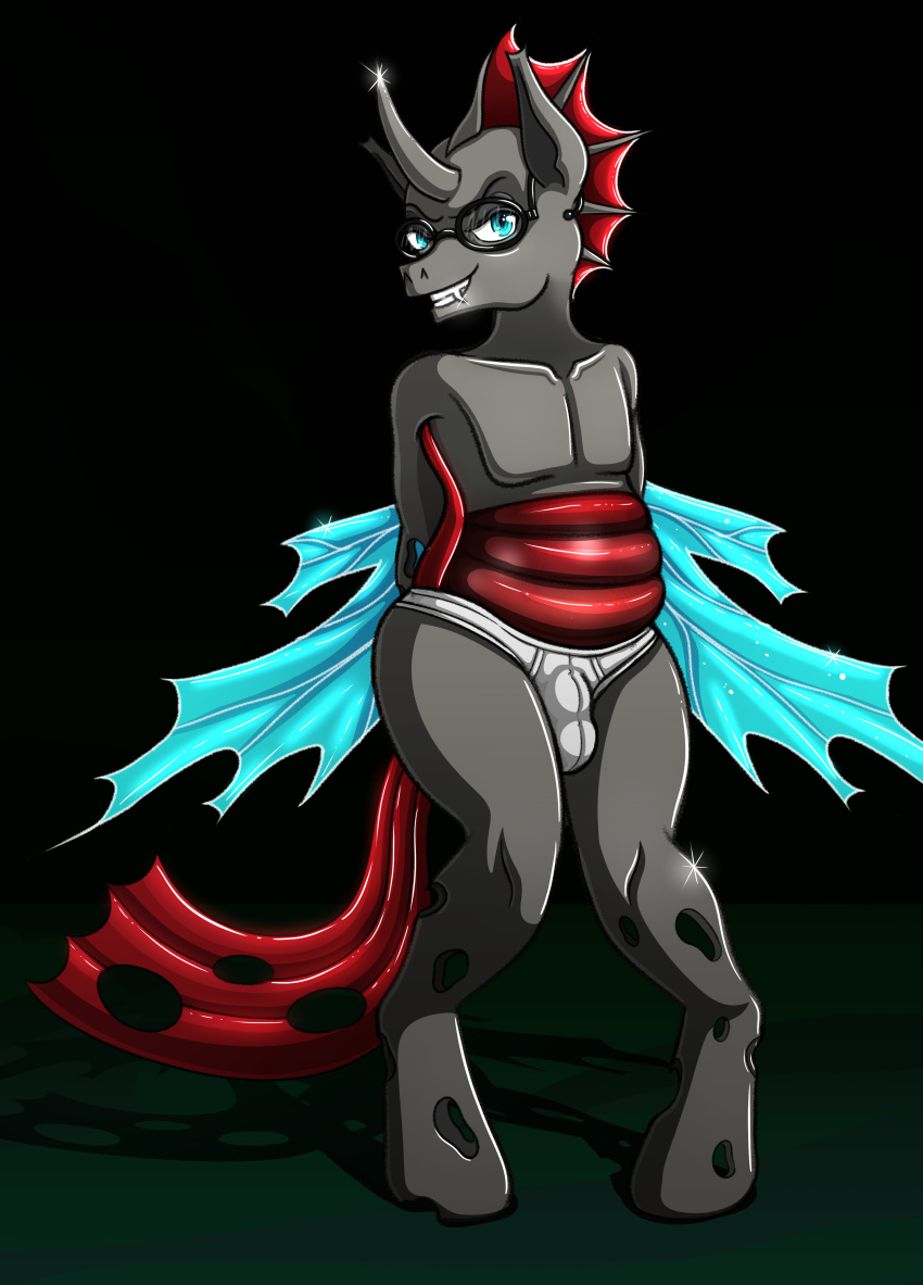 absurd_res anthro arthropod bulge changeling clothing eyewear glasses hi_res horn interloper male my_little_pony slightly_chubby solo transparent_belly underwear wings xexus