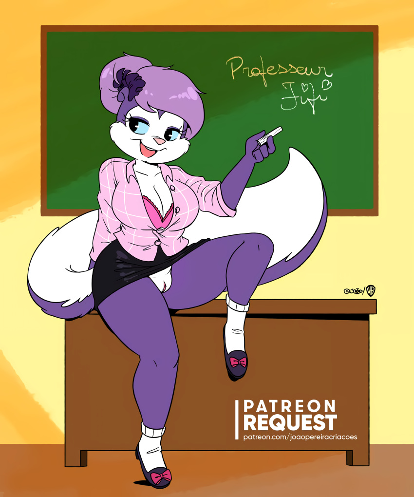 &lt;3 2020 absurd_res anthro biped bra breasts chalk chalkboard cleavage clothed clothing edit english_text female fifi_la_fume footwear fur genitals hair hi_res joaoppereiraus legwear mammal mephitid multicolored_body multicolored_fur open_mouth purple_body purple_fur purple_hair pussy shoes skunk socks solo teacher text tiny_toon_adventures underwear url warner_brothers white_body white_fur