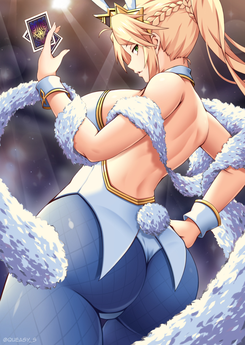1girl animal_ears artoria_pendragon_(all) artoria_pendragon_(swimsuit_ruler)_(fate) ass backless_dress backless_outfit between_fingers blonde_hair blue_legwear braid breasts bunny_ears bunny_girl bunny_tail bunnysuit card cowboy_shot dress fate/grand_order fate_(series) from_behind green_eyes hand_on_hip highres large_breasts leotard long_hair looking_at_viewer pantyhose ponytail profile queasy_s shoulder_blades solo standing tail twitter_username white_leotard wrist_cuffs
