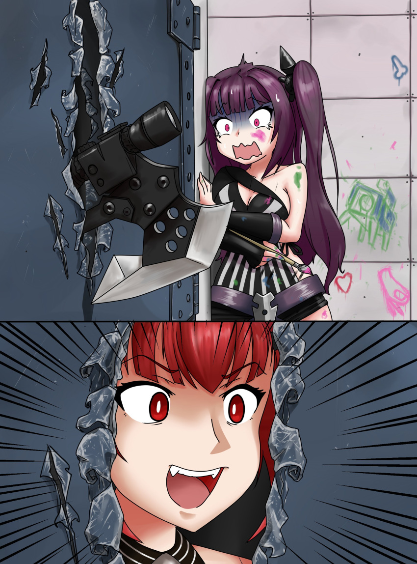 2girls absurdres architect_(girls_frontline) asymmetrical_clothes axe bangs cz-75_(girls_frontline) eyebrows_visible_through_hair girls_frontline here's_johnny! highres holding holding_paintbrush indoors long_hair multiple_girls one_side_up open_mouth paintbrush parody purple_hair red_eyes red_hair sangvis_ferri scared teeth the_shining the_sourkraut