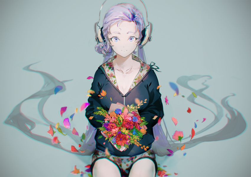 1girl blue_eyes blue_flower bouquet breasts check_character chromatic_aberration commentary_request flower hatsune_miku headphones holding holding_bouquet holding_flower long_hair long_sleeves long_twintails looking_at_viewer medium_breasts orange_flower petals pink_flower purple_hair red_flower sitting smile solo sugimoto_gang very_long_hair vocaloid yellow_flower