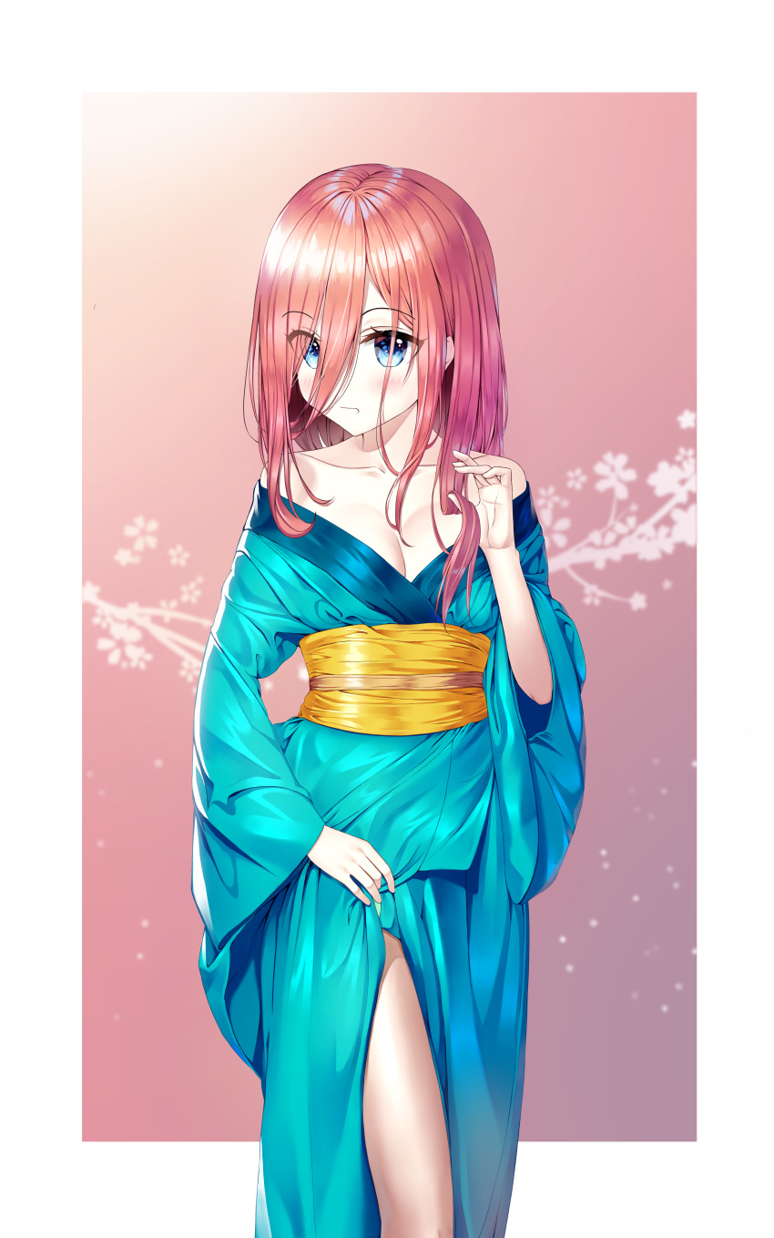 1girl absurdres alternate_costume bangs bare_shoulders blue_eyes blush breasts brown_hair cleavage collarbone commentary_request eyebrows_visible_through_hair go-toubun_no_hanayome hair_between_eyes highres japanese_clothes kimono large_breasts long_hair long_sleeves looking_at_viewer nakano_miku nay solo