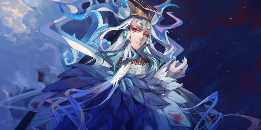 1boy black_nails closed_mouth cloud eyeshadow facial_mark fate/grand_order fate_(series) feathers fingernails green_hair hat highres long_fingernails long_hair long_sleeves looking_at_viewer makeup male_focus mian_guan multicolored_hair night night_sky qin_shi_huang_(fate/grand_order) sky solo two-tone_hair upper_body white_background yellow_eyes z.boat