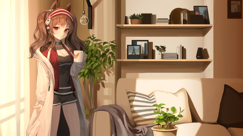 1girl absurdres angelina_(arknights) animal_ears arknights bangs blush book brown_hair choker couch cup curtains earpiece foliage fox_ears hairband highres light_bulb living_room looking_at_viewer mug pale_skin photo_(object) picture_frame pillow plant potted_plant re_leaf716 red_eyes shelf shorts smile sunlight twintails white_coat window zipper