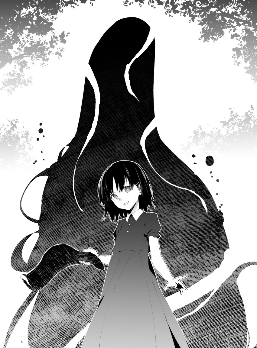 1girl 1other absurdres darkness dress fate/strange_fake fate_(series) greyscale hair_ornament hairclip highres kuruoka_tsubaki monochrome rider_(fate/strange_fake) smile tentacles tsukamoto_minori