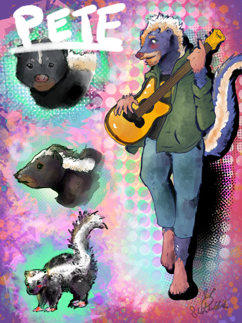 3:4 anthro barefoot bottomwear clothed clothing feral guitar hi_res kinkykenku male mammal mephitid model_sheet musical_instrument pants plucked_string_instrument skunk string_instrument